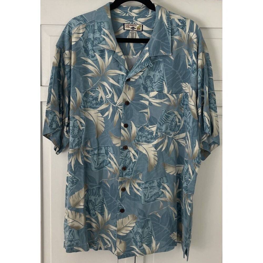 Caribbean Joe Blue Floral Hawaiian Camp Shirt Size 2XLT